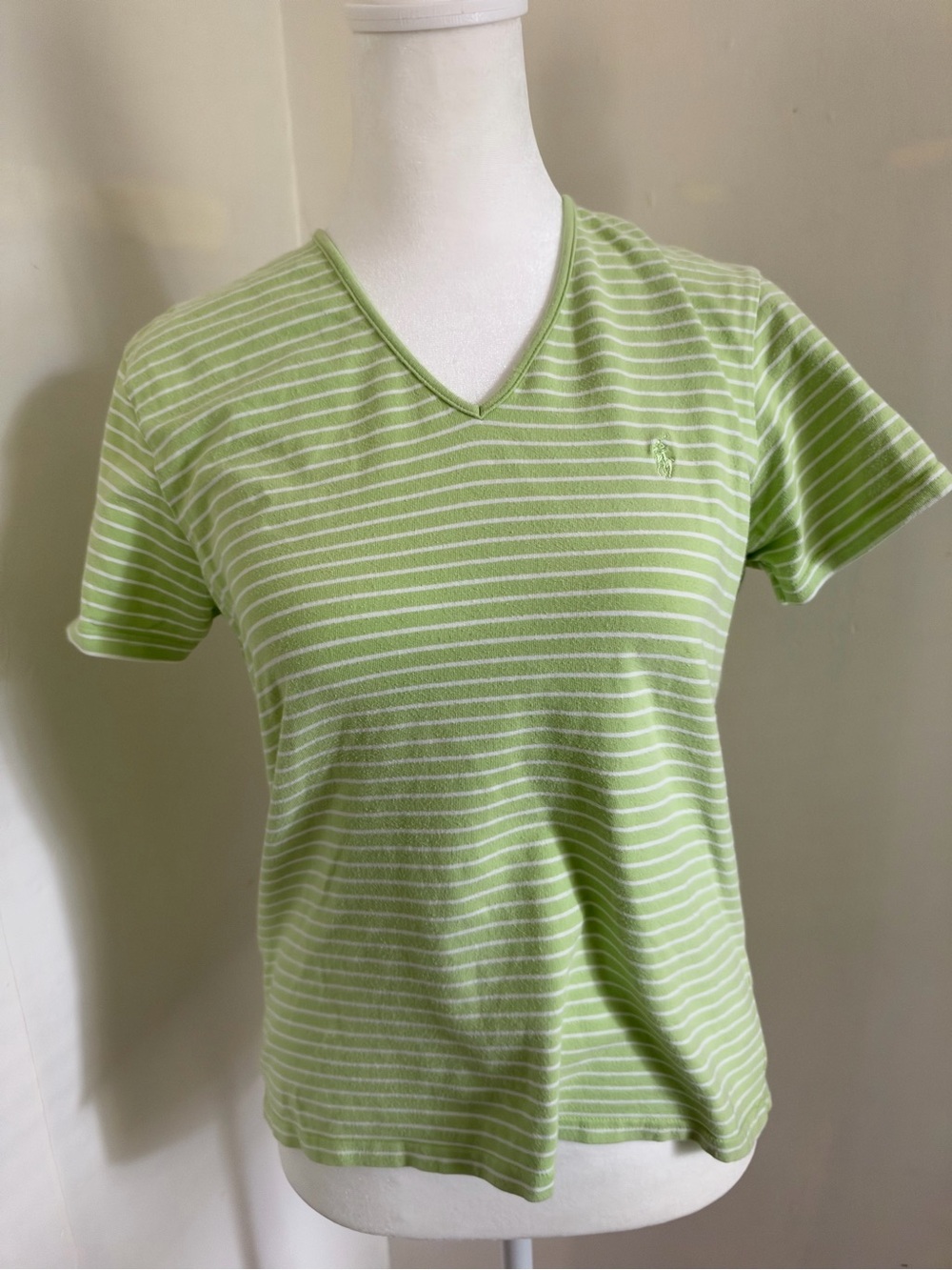 Ralph Lauren Sport Women’s White And Light Green V Neck T-shirt Size Medium